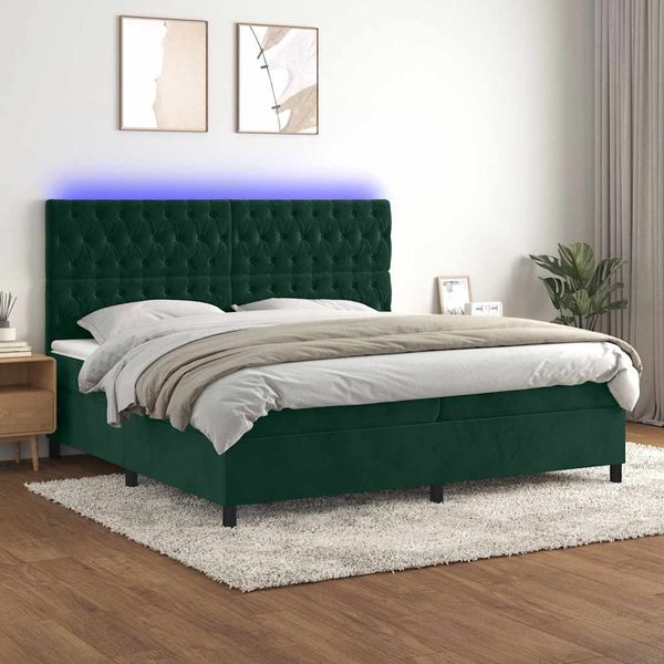 vidaXL Posteľný rám boxsping matrac a LED tmavozelený 200x200 cm zamat