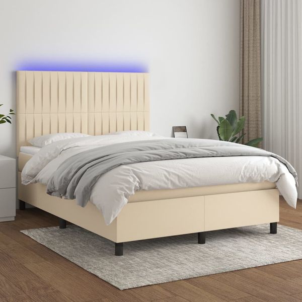 vidaXL Posteľ boxsping s matracom a LED krémová 140x190 cm látka