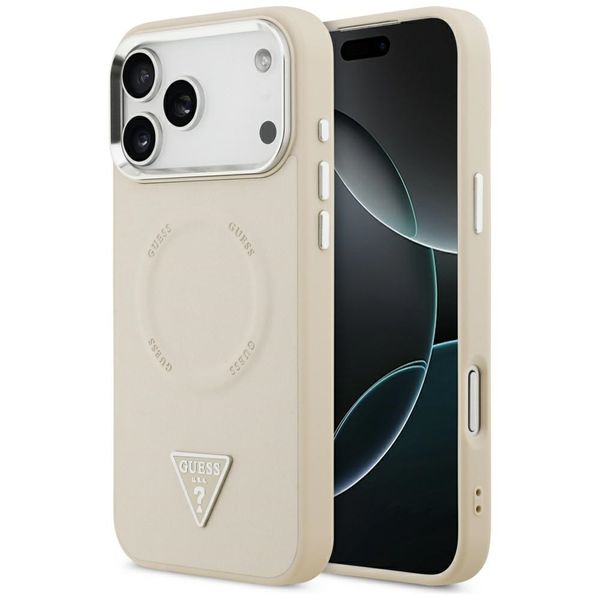 Guess Case Magsafe PU Leather Case s trojuholníkovým logom a strieborným kovovým rámom fotoaparátu pre iPhone 17 Pro Max béžová