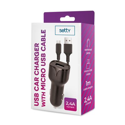SETTY autonabíjačka 1x USB 2,4A čierna + microUSB kábel 1,0 m (GSM108844)