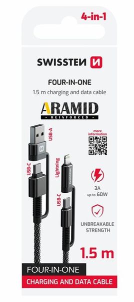 SWISSTEN DÁTOVÝ KÁBEL KEVLAR 4in1 3A 1,5 M ANTRACIT Kábel, nabíjací a synchronizačný, USB-C na USB-C, USB a Lightning, USB 2.0, 3A, 60W, opletený 1,5m, čierny