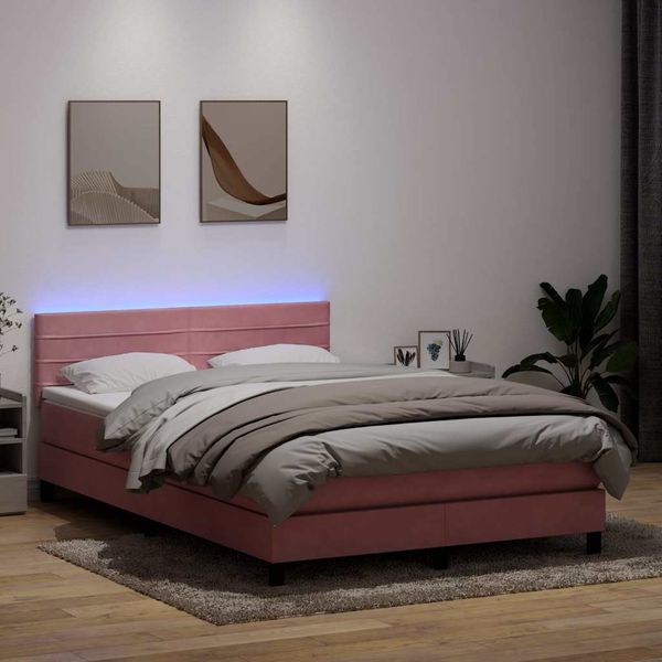 vidaXL Posteľný rám boxsping s matracom a LED ružový 140x220 cm zamat