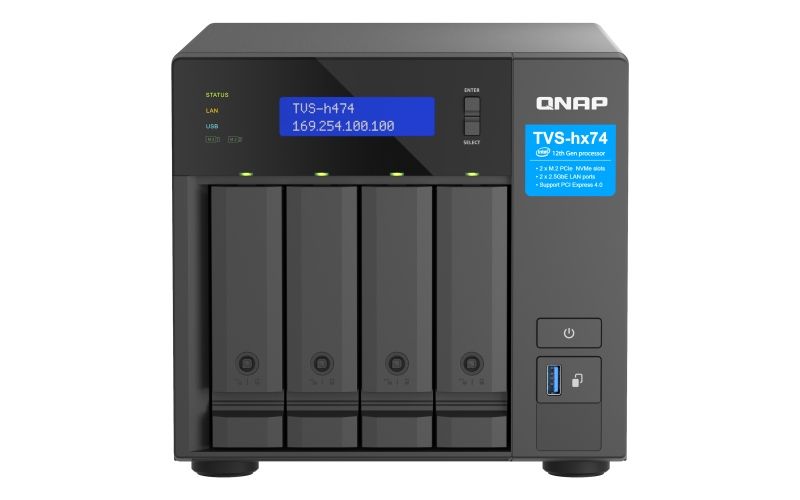 QNAP TVS-h474-PT-8G (2core 3,7 GHz, ZFS, 8 GB RAM, 4x SATA, 2x M.2 NVMe, 2x PCIe, 2x 2,5GbE, 1x HDMI)
