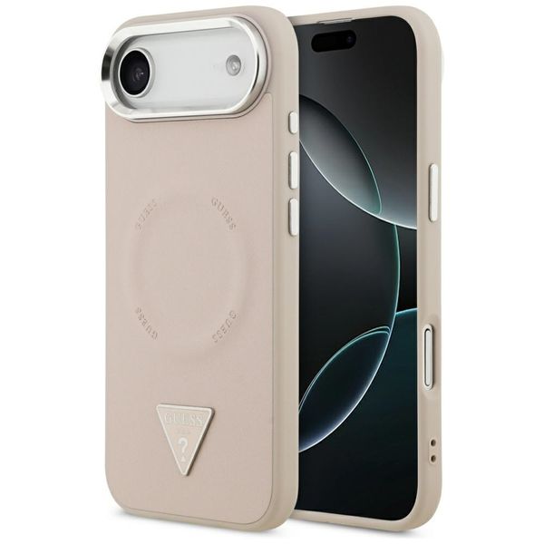 Guess Case Magsafe PU Leather Case s trojuholníkovým logom a strieborným kovovým rámom fotoaparátu pre iPhone 17 Air ružová