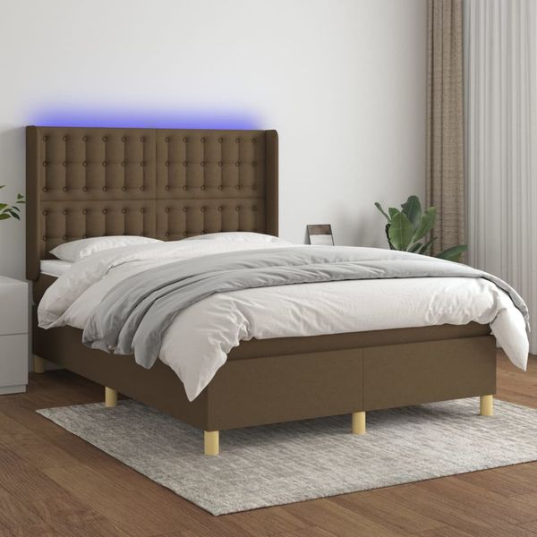 vidaXL Posteľ boxsping s matracom a LED tmavohnedá 140x200 cm látka