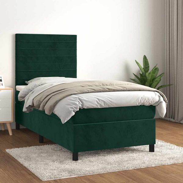 vidaXL Posteľný rám boxsping s matracom tmavozelený 90x190 cm zamat