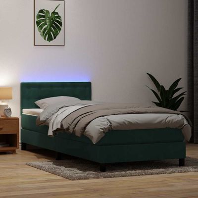 vidaXL Posteľný rám boxsping s matracom a LED tmavozelený 100x210 cm zamat