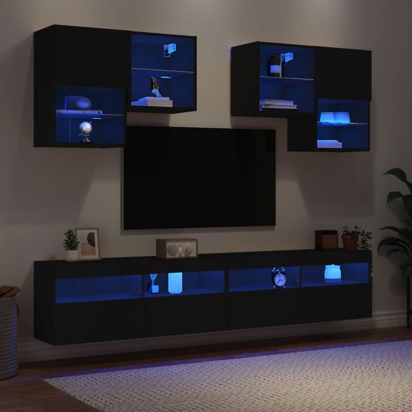 vidaXL 6-dielna súprava TV nástenných skriniek s LED svetlami čierna