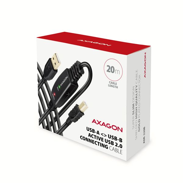 AXAGON ADR-220B, USB 2.0 A-M -> B-M aktivní propojovací / repeater kabel, 20m Kabel, propojovací, aktivní, USB 2.0, zástrcka A, zástrcka B, 20m, cerný