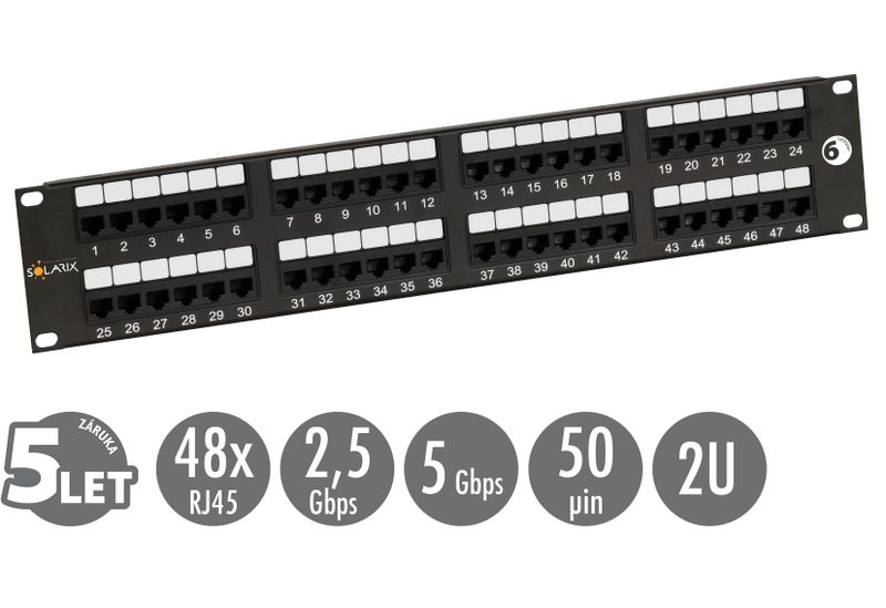 19'' patch panel Solarix 48 x RJ45 CAT6 UTP 350 MHz čierny 2U SX48-6-UTP-BK