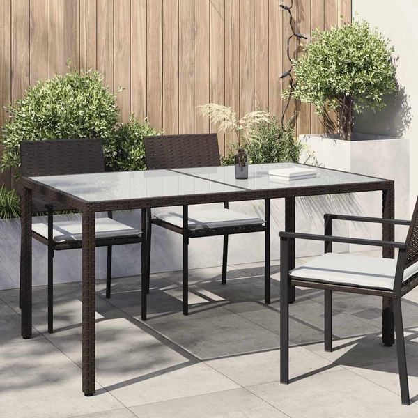 vidaXL Záhradný stôl 150x90x75 cm tvrdené sklo a polyratan hnedý