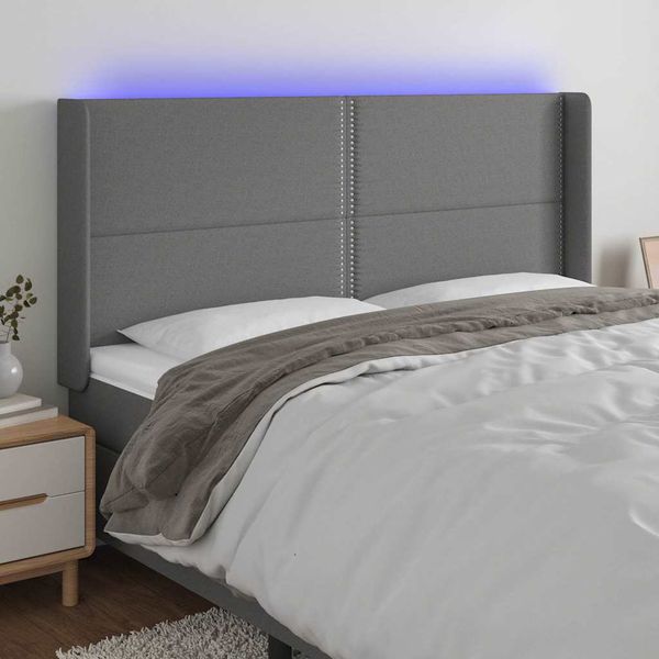 vidaXL Čelo postele s LED tmavosivé 163x16x118/128 cm látka