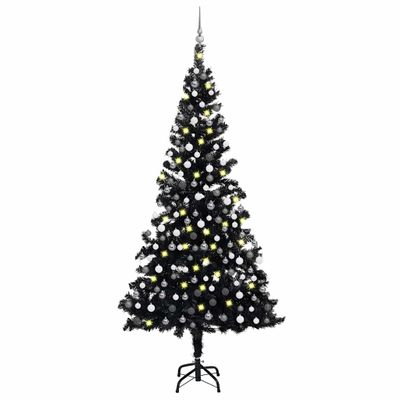 vidaXL Osvetlený umelý vianočný stromček s guľami, čierny 210 cm, PVC