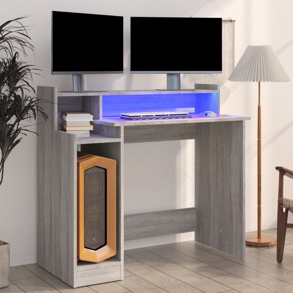 vidaXL Stôl s LED svetlami, sivá sonoma 97x45x90 cm, kompozitné drevo