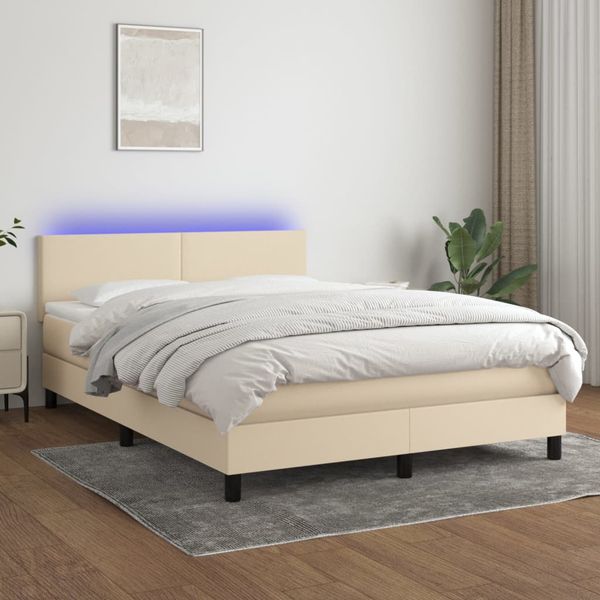 vidaXL Posteľ boxsping s matracom a LED krémová 140x190 cm látka