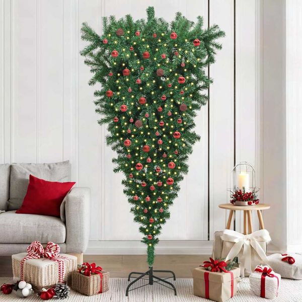 vidaXL Upside-down umelý vianočný stromček s guľami Zelená 210 cm PVC