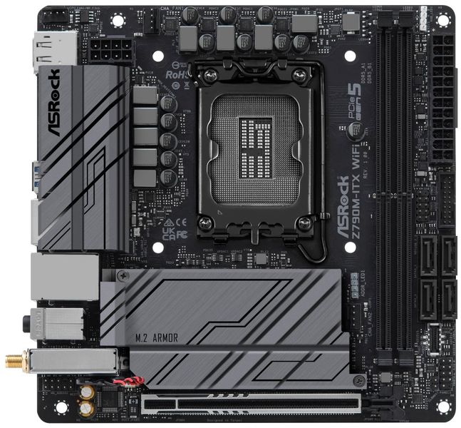 ASRock Z790M-ITX WIFI / Intel Z790 / LGA1700 / 2x DDR5 / 2x M.2 / HDMI / DP / USB-C / WiFi / Mini-ITX Základní deska, Intel Z790, LGA1700, 2x DDR5 DIMM (max. 64GB), 2x M.2, Wi-Fi, HDMI, DisplayPort, eDP, USB typ C, Mini-ITX