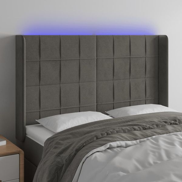 vidaXL Čelo postele s LED tmavosivé 147x16x118/128 cm zamat