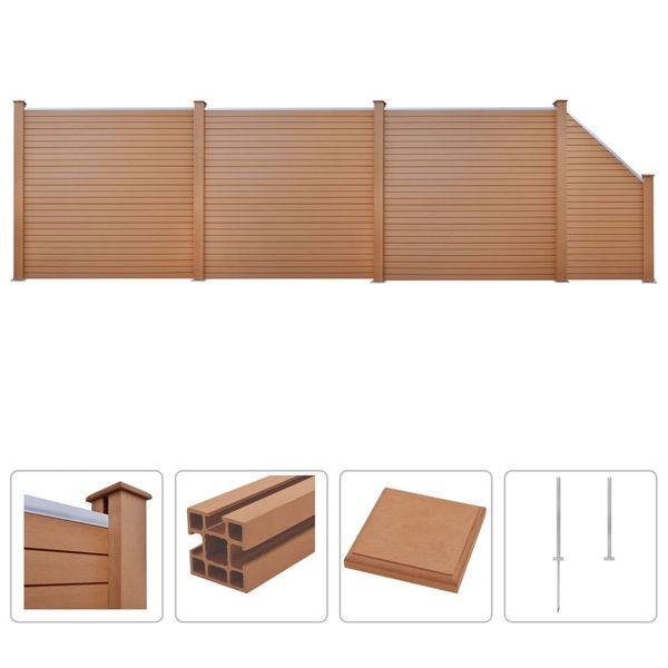 vidaXL Oplotenie 3 štvorcové 1 šikmý panel drevoplast 625x187 cm hnedé