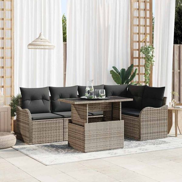 vidaXL Jedálenská súprava s vankúšom 6 pcs Sivá Poly ratan