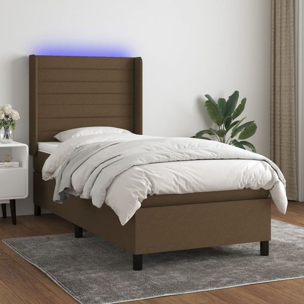 vidaXL Posteľ boxsping s matracom a LED tmavohnedá 90x190 cm látka