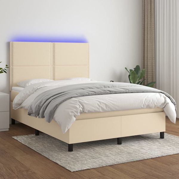 vidaXL Posteľ boxsping s matracom a LED krémová 140x190 cm látka