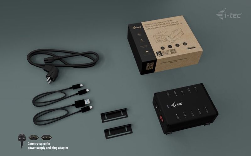 i-tec USB-C/USB-A Metal Charging + Data HUB, 15W/port, 10x USB-C, 180W USB Hub, externý, USB/USB-C na 2× USB-C 3.0 a 8× USB-C 2.0, nabíjanie 15W/port + adaptér 180W
