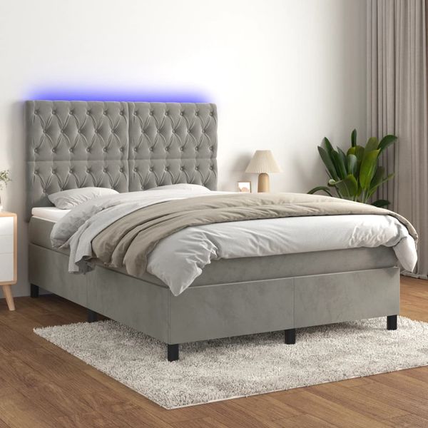 vidaXL Posteľ boxsping s matracom a LED bledosivá 140x200 cm zamat