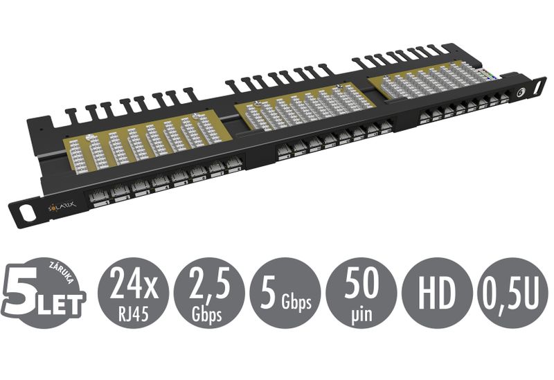 19'' patch panel Solarix 24xRJ45 CAT6 UTP s vyväzovacou lištou čierny 0,5 U SX24HD-6-UTP-BK