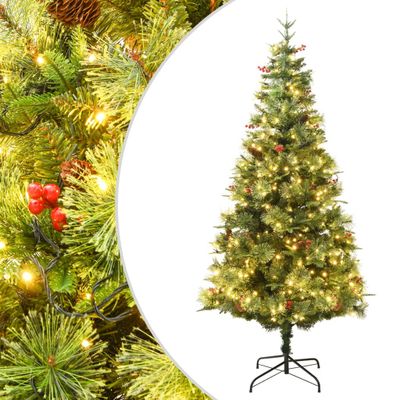 vidaXL Osvetlený vianočný stromček so šiškami, zelený 195 cm, PVC a PE
