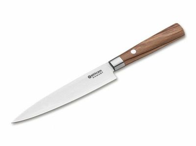 Böker Manufaktur Solingen 130434DAM Damast Olive úžitkový kuchynský nôž 15cm, damašek, olivové drevo