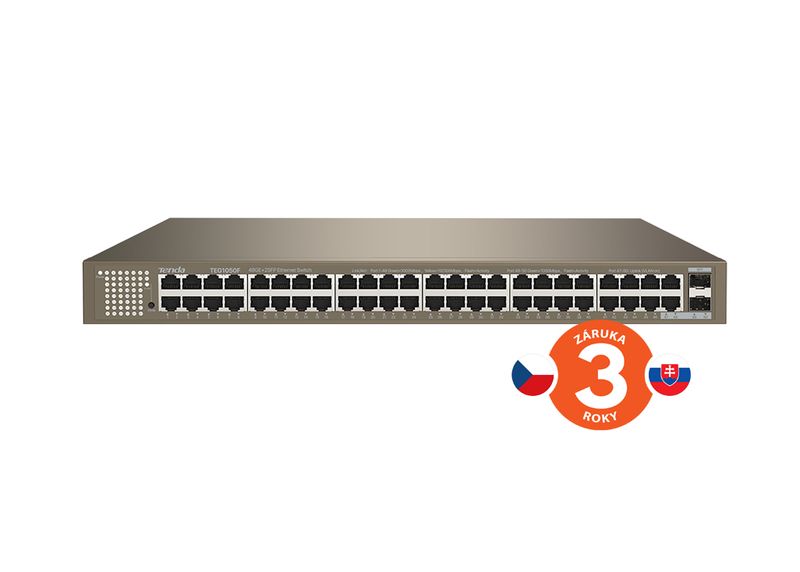 Tenda TEG1050F Gigabit switch so SFP, 48x RJ45 + 2x SFP, Fanless - bez ventilátorov, Rackmount, VLAN