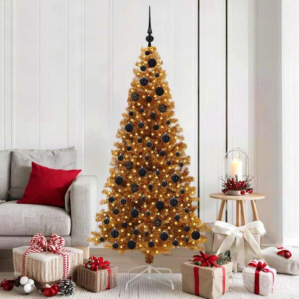 vidaXL Vianočný stromček s 300 LED-i so stojanom Zlatá 180 cm PET