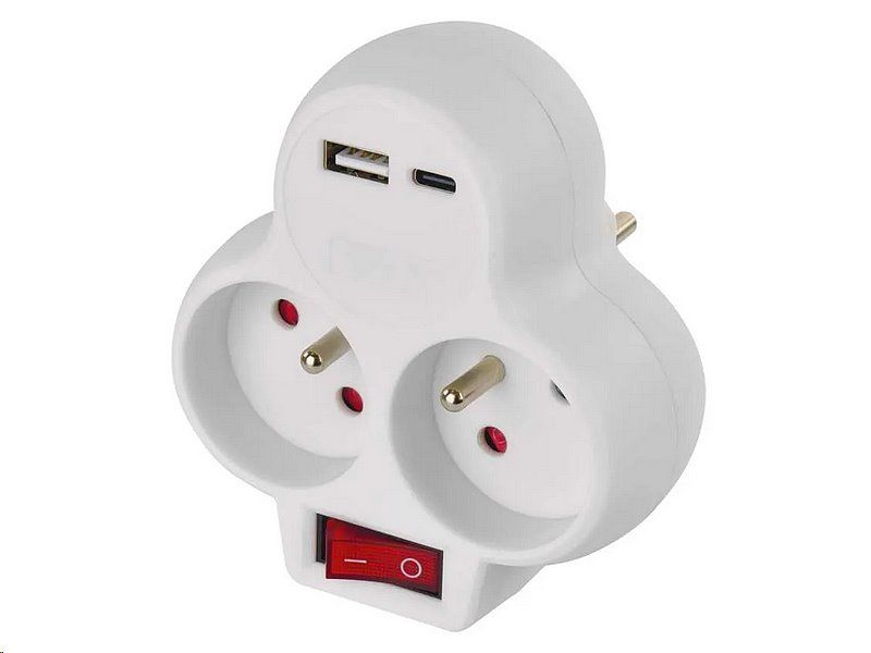 Rozbočovacia zásuvka EMOS P0073 2×, vyp., 1×USB-A + 1×USB-C, biela
