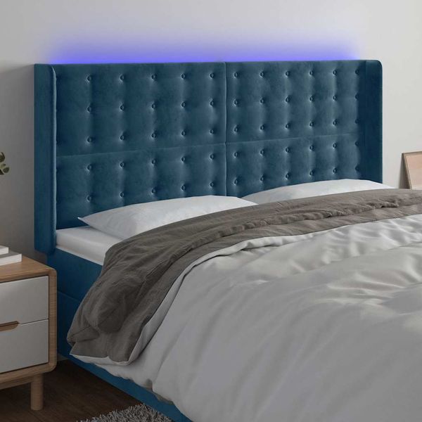 vidaXL Čelo postele s LED tmavomodré 163x16x118/128 cm zamat