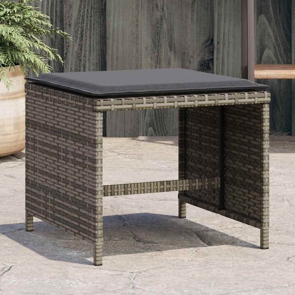 vidaXL Záhradné taburetky s vankúšmi 4 ks sivé 41x41x36 cm polyratan