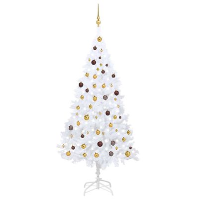 vidaXL Osvetlený umelý vianočný stromček s guľami, biely 210 cm, PVC