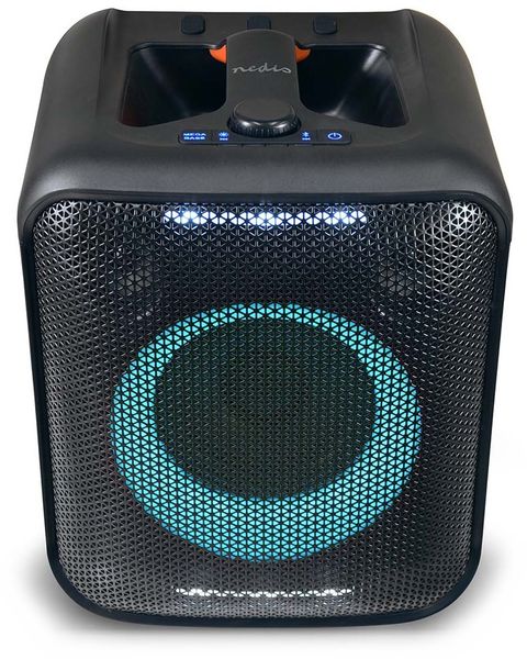 NEDIS párty reproduktor/ výkon 150 W/ Bluetooth/ doba přehrávání na baterie 5 hod/ držadlo/ párty osvětlení/ ekvalizér Reproduktor, bezdrátový, 150W, na koleckách, Bluetooth, USB, LED podsvícení, ekvalizér, výdrž až 5 hodin, cerno-oranžový