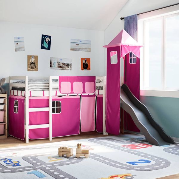 vidaXL Detská vyvýšená posteľ veža ružová 90x190 cm masívna borovica