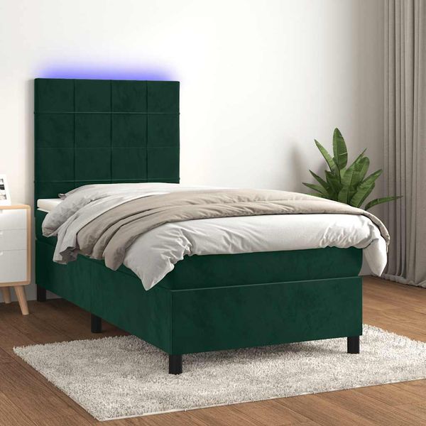 vidaXL Posteľný rám boxsping matrac a LED tmavozelený 80x200 cm zamat