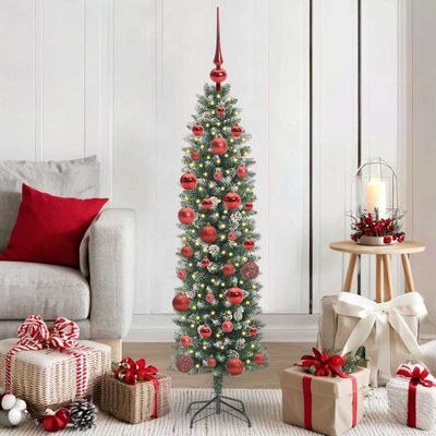 vidaXL Umelý chudý vianočný strom s 150 LED-i Zelená a biela 150 cm