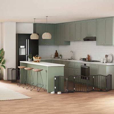 vidaXL Brána pre psa dvere sklad. 9-panel. čierna 450cm topoľové drevo