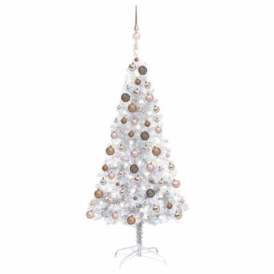 vidaXL Osvetlený umelý vianočný stromček s guľami strieborný 120cm PET