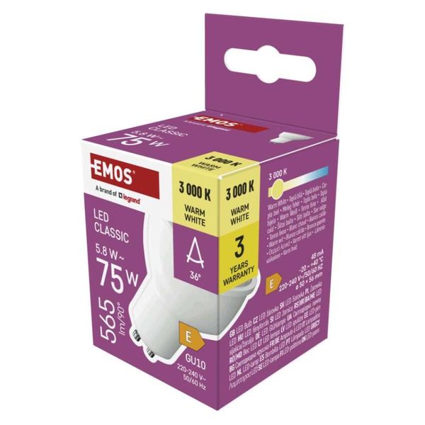LED žiarovka Classic MR16 biela/ GU10 / 5,8 W (75 W) / 565 lm / Teplá biela