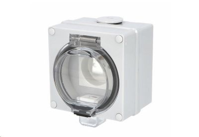 TITAN IP66 Zásuvka 16A/250V/2P+PE s ochranným kolíkom, sivá, priehľadné veko, nástenná