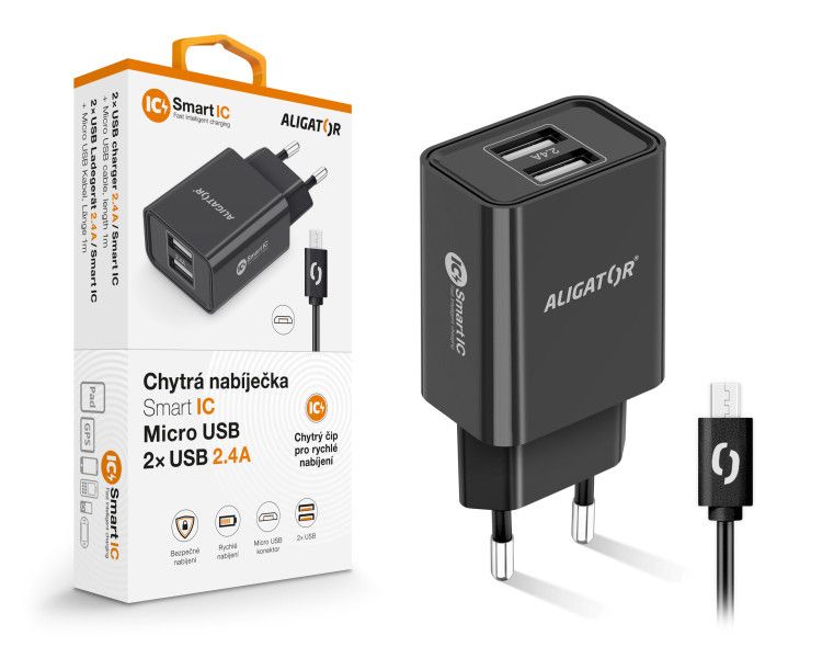 Múdra sieťová nabíjačka ALIGATOR 2,4 A, 2xUSB, smart IC, čierna, micro USB kábel