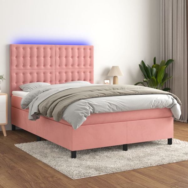 vidaXL Posteľný rám boxsping s matracom a LED ružový 140x190 cm zamat