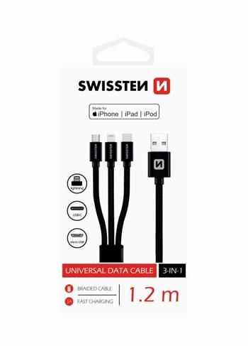 SWISSTEN DÁTOVÝ KÁBEL TEXTILE 3in1 MFi 1,2 M ČIERNY Kábel, nabíjací a synchronizačný, USB 2.0 (M) na micro USB (M), USB-C (M) a Lightning (M), opletený, 1,2m, MFi, čierny