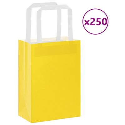 vidaXL Papierové tašky 250 ks s rúčkami, žlté, 15x8x21 cm