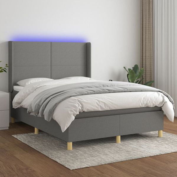 vidaXL Posteľ boxsping s matracom a LED tmavosivá 140x190 cm látka